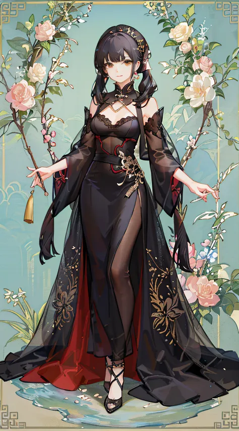 girl,full body,(detailed face:1.2), masterpiece, fashion,chinese dress,, medium hair, black hair, twintails, blunt bangs, brown eyes,
