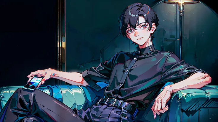 (A young eighteen-year-old man with short black hair in a black coarse cloth blouse sitting on a sofa in his bedroom: 1.5)
(Holding an iPhone in hand: 1.8)
(Boy, single: 1.7)
(Close-up of face: 1.9)
(Smug smile on your face: 1.8)
(Masterpieces, masterpiec...