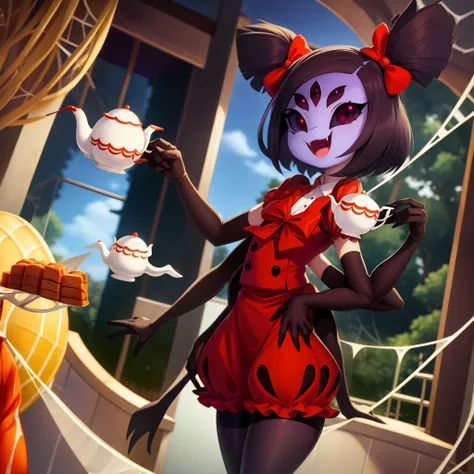 masterpiece, best quality, a beautiful and detailed portriat of muffet,(muffetwear), monster girl,((purple body:1.3)),humanoid, ...