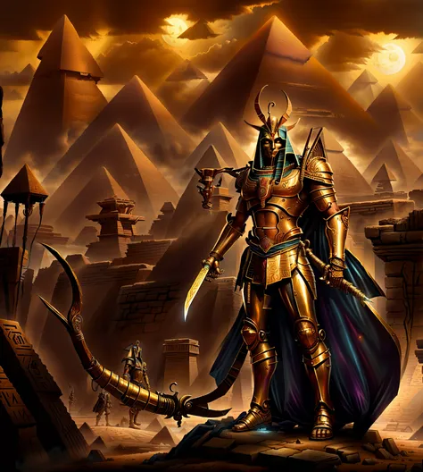 arafed image of a man in armor standing in front of a pyramid, an undead desert lich pharaoh, the god anubis, egyptian warrior, ...