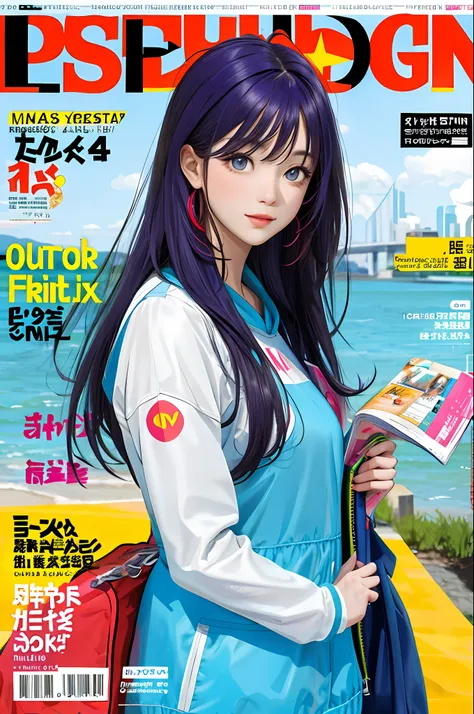 masterpiece, best quality, spring outfit, colorful hair, outdoor, magazine cover ,upper body,