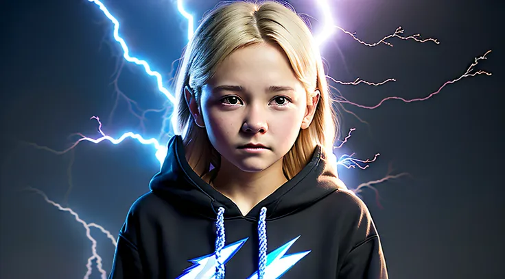 12 year old blonde girl, a portrait, wearing a black hoodie and letting out lightning bolts with her fingers, real uhd, real lif...