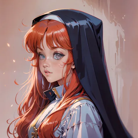 retro anime, 1980s anime, 1980s anime, masterpiece, best quality, 1 girl, solo, redhead, nun, long straight hair, straight hair,...