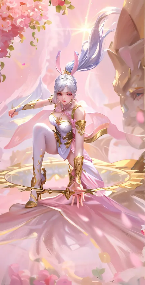 Best Quality, Superb Picture Quality, 8K, Masterpiece: 1.2, Ultra Detailed, Beautiful Figure Painting, Little Dance Inspired by Douluo Continent, Epic Exquisite Character Art, Ultra Detailed Clothing Details, Light Pink Eyes, Silver High Heels, White and P...