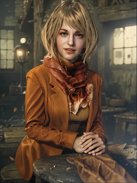 1 girl, solo, upper body shot, ashley graham from resident evil 4 remake, face of ella freya, sitting, short hair, blonde hair, ...