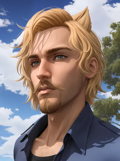 Phoenix Montoya, beard, blue sky, cloud, day, facial hair, lips, male focus, outdoors, parted lips, portrait, sky, solo