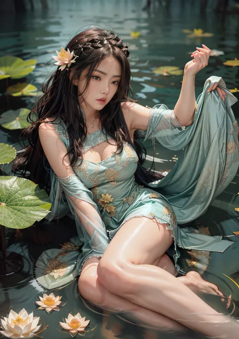 Sitting on the shore of a lake full of lotus flowers, feet playing in the water, oversized red carp in the air, the art depicts a charming woman with a melon face, wearing a flowing, silky traditional oriental dress, long, aqua blue, decorated with intrica...