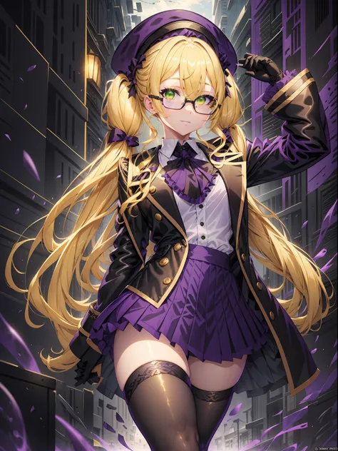 Text Mex Burrito Style, 1girl , blonde , yellow hair , twintails , (green eyes:1.1) , black trench coat , black beret , purple vest , (purple skirt:1.3) , black thighhighs , black shoes ,twintails , golden trims , white roses, black tie ,  black choker nec...
