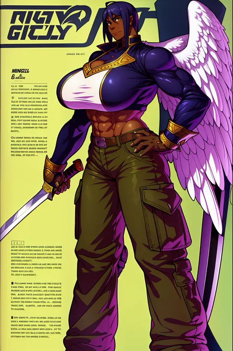 muscle girl,huge breast, angel girl, tall female, ,pants, solo focus, 1character, portrait full body, dark skinned female, palla...