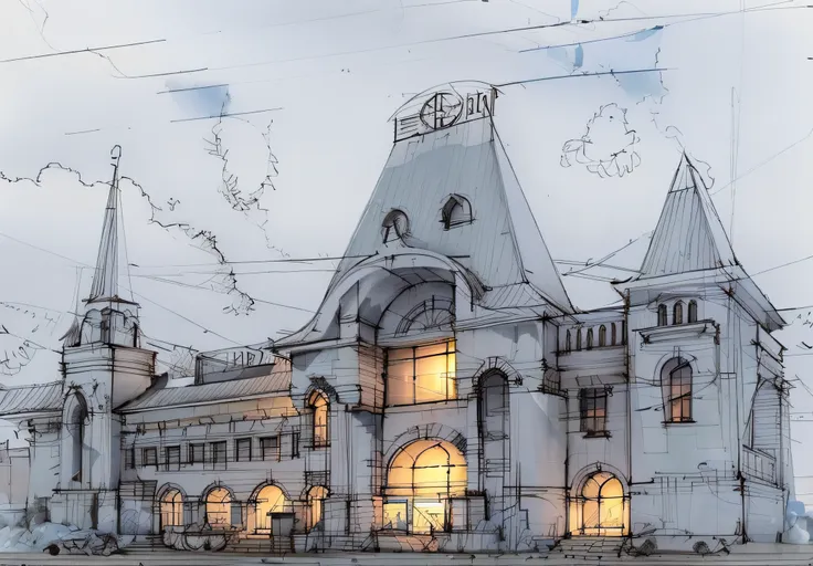 sketch, sketch, pen_sketch_style, yaroslavl railway station, the photo shows the station, building, beautiful high resolution, t...