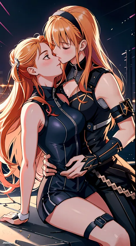 "(alisa reinford kissing sara valestein), sexy sleeveless police uniforms, yuri:1.4, provocative, hyper-detailed scene backgroun...