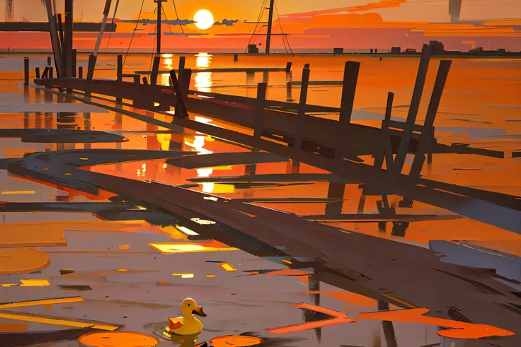 The sunset and the lone duck fly together, and the autumn water is the same color as the sky