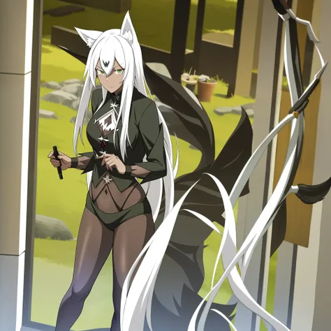 woman with wolf ears and tail,
white hair,
assassin,
black closed clothes, olivecoloured skin, green eyes
