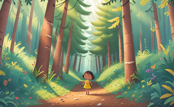 Strange sound, in the dense forest, walking on the path, lost, (high detail: 1.2), Top View high detail, super detail, 8k, super high resolution , little girl in yellow clothes, scared, surrounded by dense trees, surrounded by the beauty of nature, warm su...