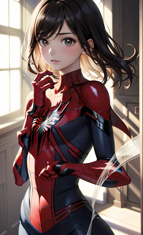 {best quality}, {{masterpiece}}, {an extremely delicate and beautiful},Excellent light and shadow, extremely detailed wallpaper, clear and bright sunlight, head portrait,1girl,Blush,medium wave hair, black hair, medium hair, strong sunlight,spider suit, sp...