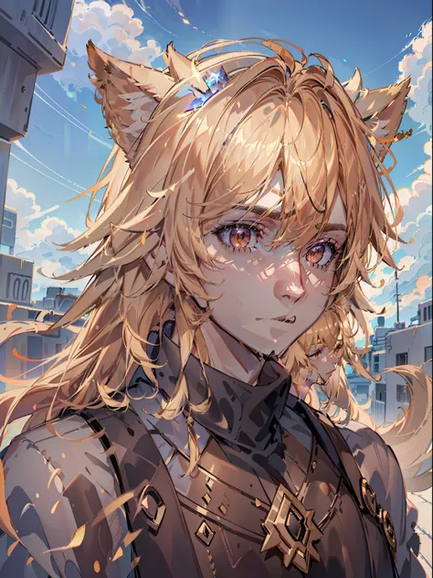 Tex Mex Burrito Style, Phoenix Montoya, blonde hair, brown eyes, cat ears, animal ears, day, lips, male focus, outdoors, sky, solo, first-person view, ray tracing, depth of field, cinematic lighting, backlighting, glowing light, bloom, super detail, highre...