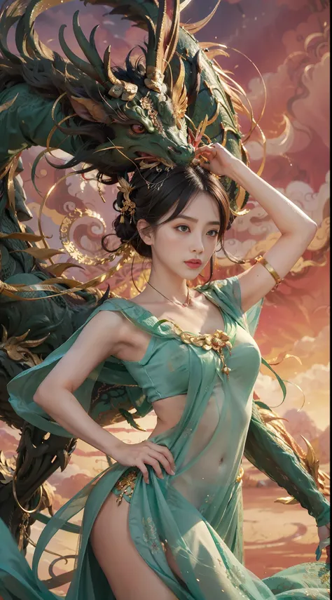 A girl, elegant, beautiful, goddess, fine beautiful face, wearing a green long dress, there is a dragon behind him, Dunhuang style, Chinese dragon, flying action, red ribbon wrapped around the body, aesthetic sky, surrealism, surrealism, supremacy, classic...