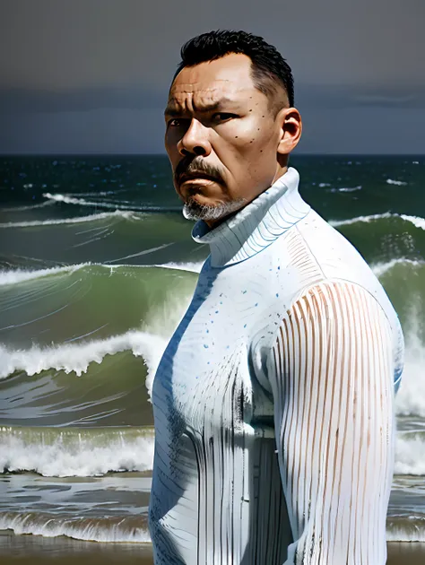 guttonerdvision5, portrait of the face of a stout (fisherman: 1.3), (focus on face: 1.5), (storm: 1.2), (waves: 1.3), ocean, (lighthouse background: 1.3), (cowboy photo: 1.4), (white turtleneck mesh sweater:1.3), looking at the observer, realistic, masterp...
