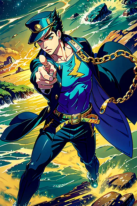(Masterpiece), Top Quality, 8K, Perfect Artwork, (Lightning Effect, Time Stop), Fantasy, Single, Jotaro Kujo, Muscle Man, Stars, Thick Lips, Hat, Green Eyes, Intelligent Expression, School Uniform, Gakuran, Long Coat, Jewelry, Earrings, Chain, Hash, Jojo P...