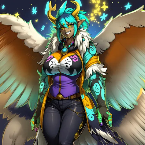 monster girl, dark skinned female, big breast, wings, happy,, coat vest, pants, portrait, 1character