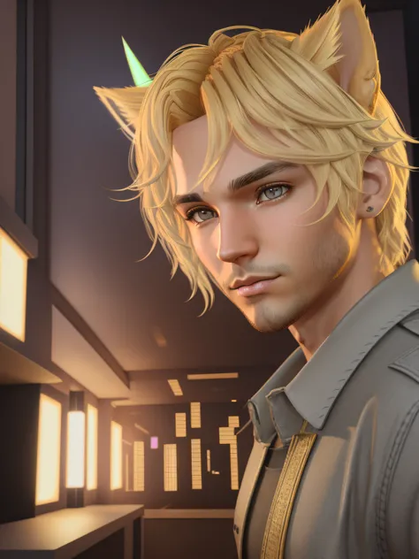 Phoenix Montoya, blonde hair, brown eyes, cat ears, animal ears, male focus, first-person view, indoors, backlighting, glowing light, bloom,