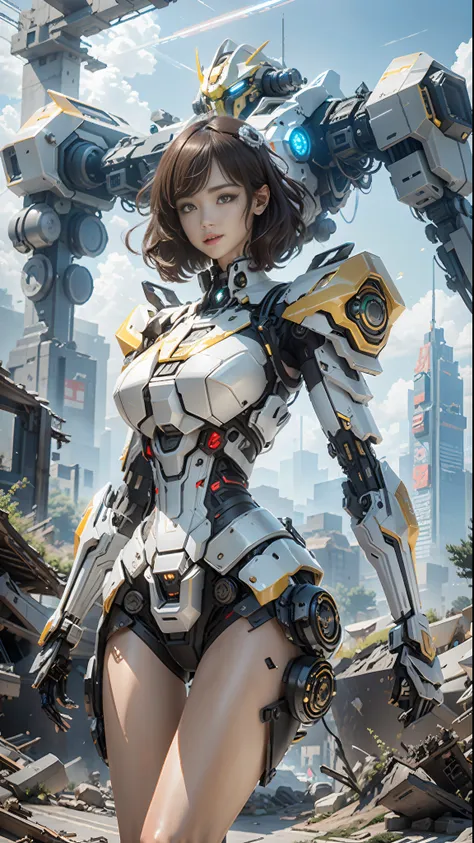 ((best quality)), ((masterpiece)), (highly detailed:1.3), 3d,shitu-mecha, beautiful cyberpunk women with her mecha in the ruins ...