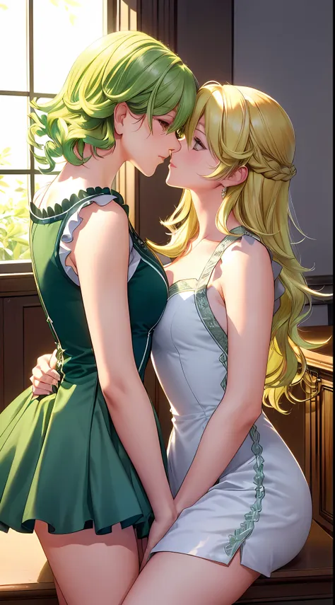 (a romantic and sexy scene, 2 women kissing, alisa reinford with long blonde hair and musse egret with short green hair), sleeve...