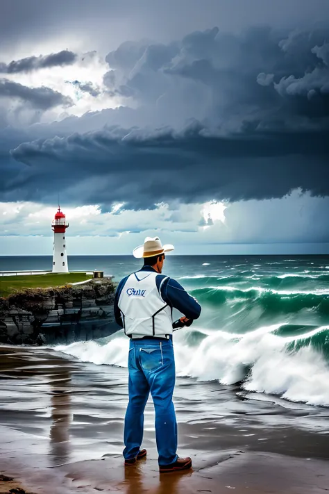 guttonerdvision5, portrait of one (spectacled fisherman: 1.3), (storm: 1.2), (waves: 1.3), ocean, (lighthouse background: 1.3), (cowboy photo: 1.4), looking at the observer, realistic, masterpiece, high quality, backlighting, (lens reflection:1.1), (flower...