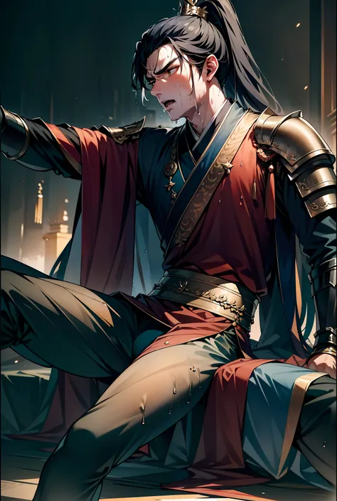 1 male, sweating, open mouth, drooling, wet, wet, sweating pectorals, sweating abs, sweating crotch, golden costume Hanfu, dragon robe, handsome face, evil, highest picture quality, dark skin, high ponytail long hair, detail Hanfu, wearing arm guards, armo...