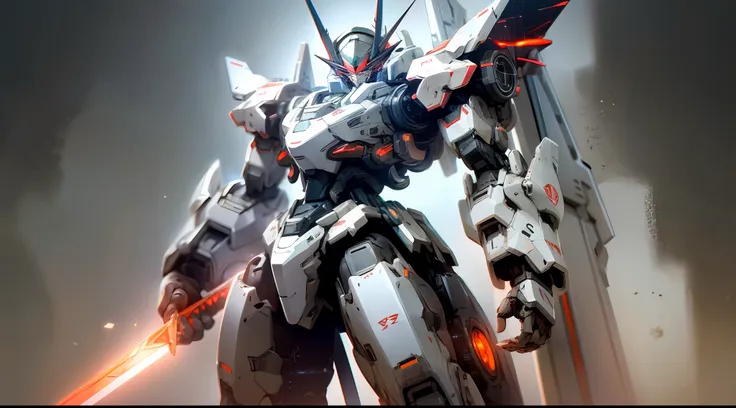 a beautiful game cg with the doomsday theme armor as the main body, this is a light black and light white mecha, its hands hold ...