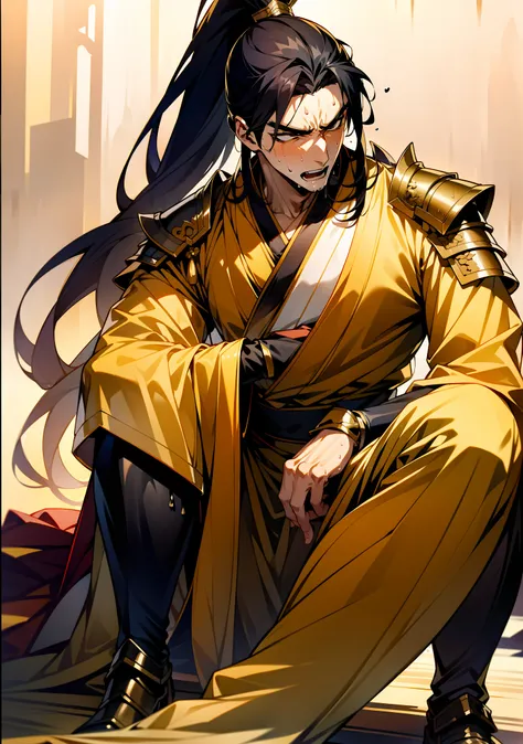 1 male, sweating, open mouth, drooling, wet, wet, sweating pectorals, sweating abs, sweating crotch, golden costume hanfu, drago...