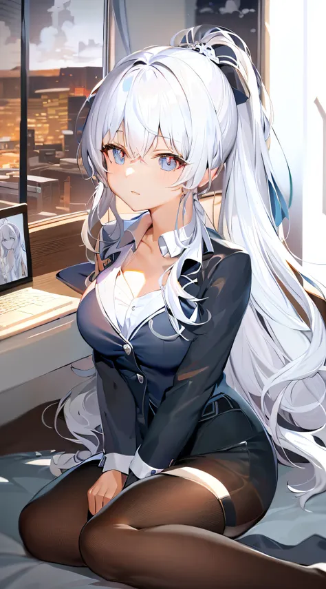 anime girl sitting on a bed with a laptop in her lap, kantai collection style, seductive anime girl, perfect white haired girl, ...