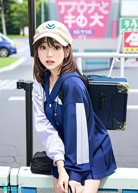 Woman leaning on pole with suitcase and hat, realistic young gravure idol, young skinny gravure idol, Chiho Aoshima, young sensual gravure idol, young pretty gravure idol, magazine photo, young gravure idol, Aoi Ogata, sophisticated gravure idol, kemono, C...