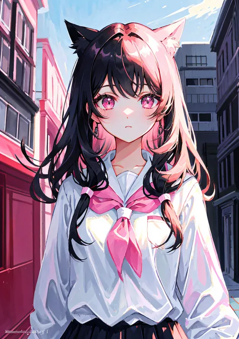 masterpiece, best quality, ultra detailed, illustration, portrait, 1girl, black_hair, pink eyes, long hair, ( school uniform), [...