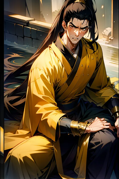 (8k), (highest quality), (masterpiece), two-dimensional, anime style, man (male warrior), squat, crotch sweat, crotch sweat, muscle, correct proportions, face details, martial arts, high ponytail hairstyle, sweating, pectoralis sweating, abdominal sweating...