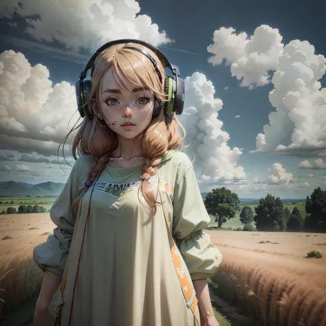 an anime girl wearing headphones and standing in a field, in the style of realistic hyper-detailed portraits, cabincore, earthy ...