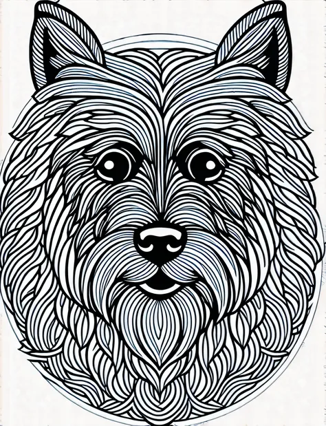 a Yorkshire Terrier style dog, fantasy, magical, mandala, unusual, black and white, wavy lines, realistic line art drawing, coloring book page, no noise, sharp thick lines, contour art, centered image, isolated on a white background