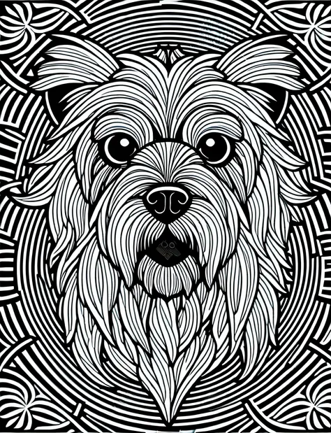 a yorkshire terrier style dog, fantasy, magical, mandala, unusual, black and white, wavy lines, realistic line art drawing, colo...