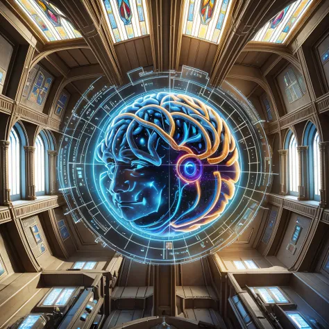 image of a brain with electronic circuits, representing artificial intelligence, superimposed on a symbolic image of a church. t...