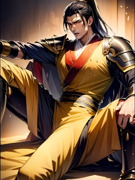 1 male, sweating, open mouth, drooling, wet, wet, sweaty pectorals, sweaty abs, sweaty crotch, golden costume hanfu, dragon robe...