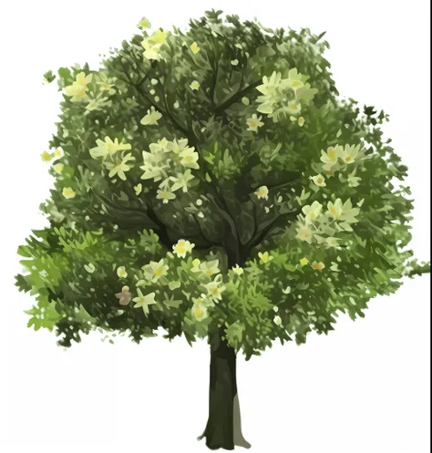 a tree, hand drawn illustration, small white flowers