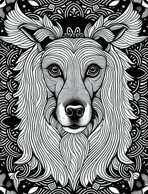 a chinese crested dog style dog, fantasy, magical, mandala, unusual, black and white, wavy lines, realistic line art drawing, co...