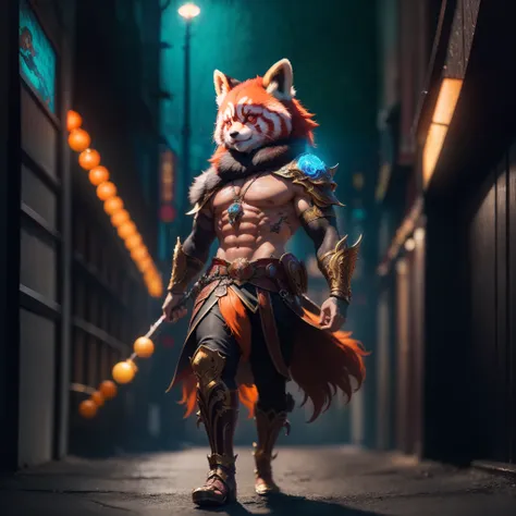 a masterpiece, fantasy world, anime style, very attractive,  full body male red panda warrior, perfect orange eyes, in a fantasy...