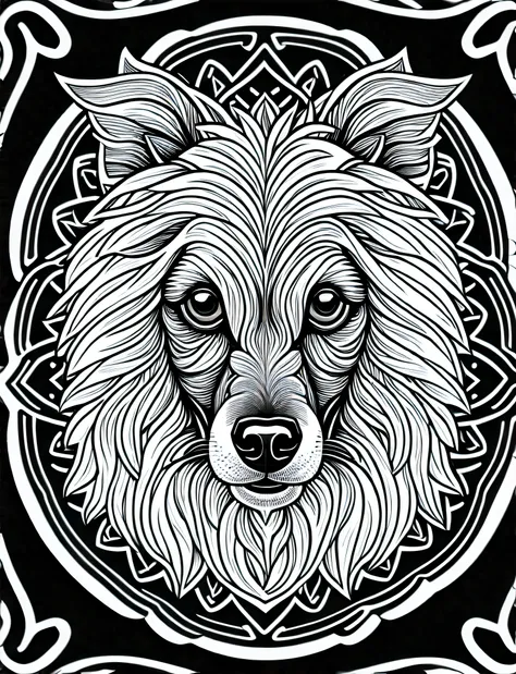 a chinese crested dog style dog, fantasy, magical, mandala, unusual, black and white, wavy lines, realistic line art drawing, co...