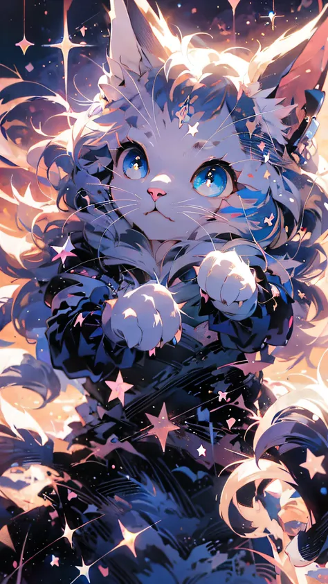 anime cat with blue eyes and stars in the background, anime cat, anime visual of a cute cat, realistic anime cat, cute detailed ...