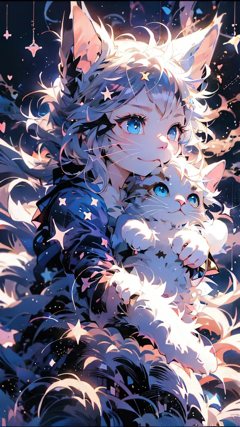 anime cat with blue eyes and stars in the background, anime cat, anime visual of a cute cat, realistic anime cat, cute detailed digital art, anime art wallpaper 4 k, anime art wallpaper 4k, very very beautiful furry art, beautiful anime catgirl, very beaut...
