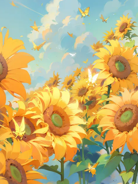 ultra clear, super detailed, colorful, sunflowers, flying butterflies, clouds, sunlight