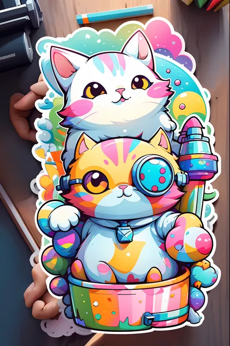 A cat wearing a white lab coat, protective goggles, and holding a flask with colorful bubbling substance, cutout sticker design with white outline in bright and vibrant colors on a white background stickers kawaii, professional sticker design, flat design,...
