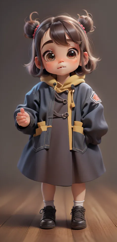 A girl, small, cute, short, very small, like a thumbnail, with neutral background, blurred background, ultra realistic