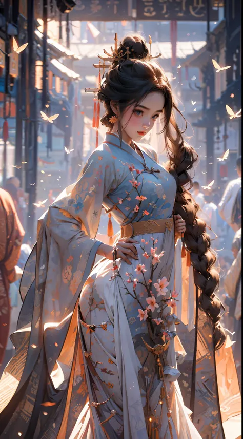 masterpiece, best quality, side light, lens flare, ray tracing, sharp focus, dressed in hanfu, a girl, dancing under the peach b...